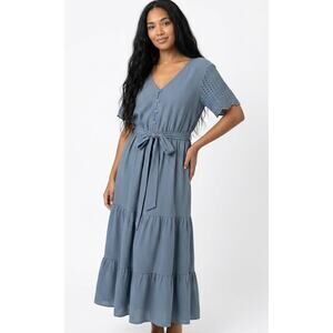 Bloomchic Dusty Blue Tiered Maxi Dress with Eyelet Sleeves & Tie Waist Large